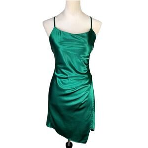 Selfie Leslie Emerald Green Satin Criss Cross Strappy Ruched Mini Party Dress